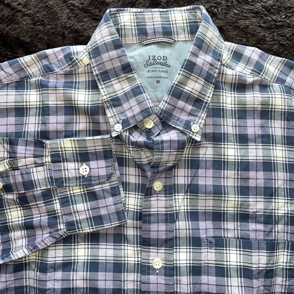IZOD Saltwater Mens Plaid Button Down Shirt Long Sleeve Size M Blue Plaid
